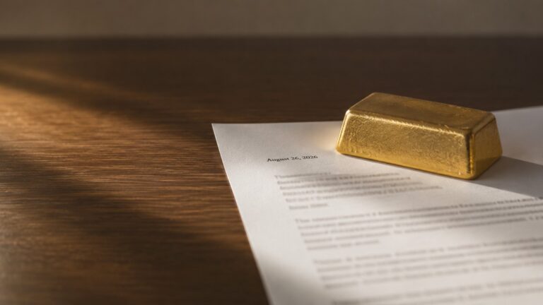 A gold bar resting as a paperweight on a dated research note, illustrating how a gold price target expires while the metal does not.