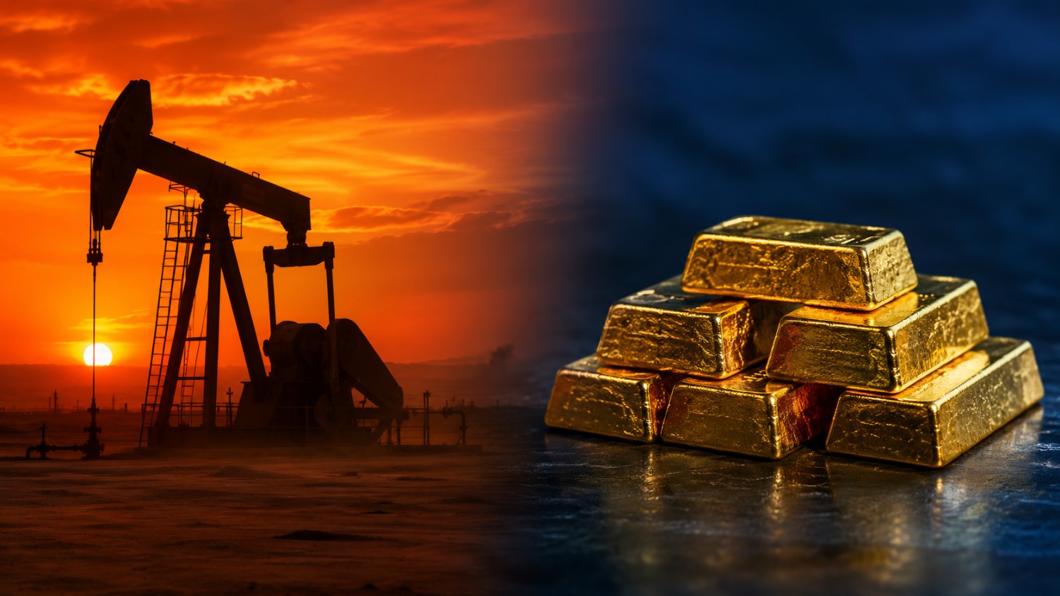 Gold price today holds steady in gold bars while an oil pumpjack burns against a fiery sunset, symbolizing Iran sanctions pushing oil higher
