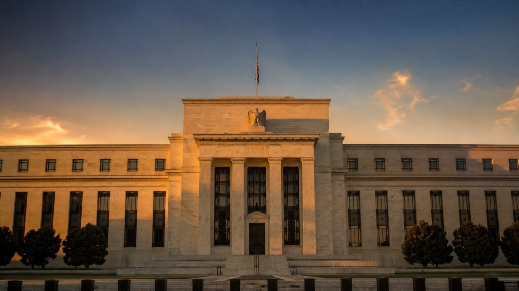Federal Reserve building at golden hour, symbolizing the gold silver Jackson Hole yields story as markets await the Fed's policy signal