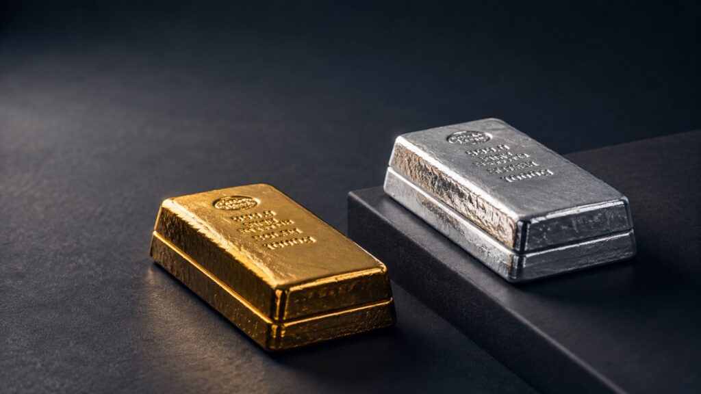Gold and silver bullion bars, silver elevated above gold, for gold silver price today FOMC minutes coverage