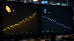 Gold silver price today Iran sanctions: two trading monitors show gold prices trending upward and oil prices trending downward on the same day.