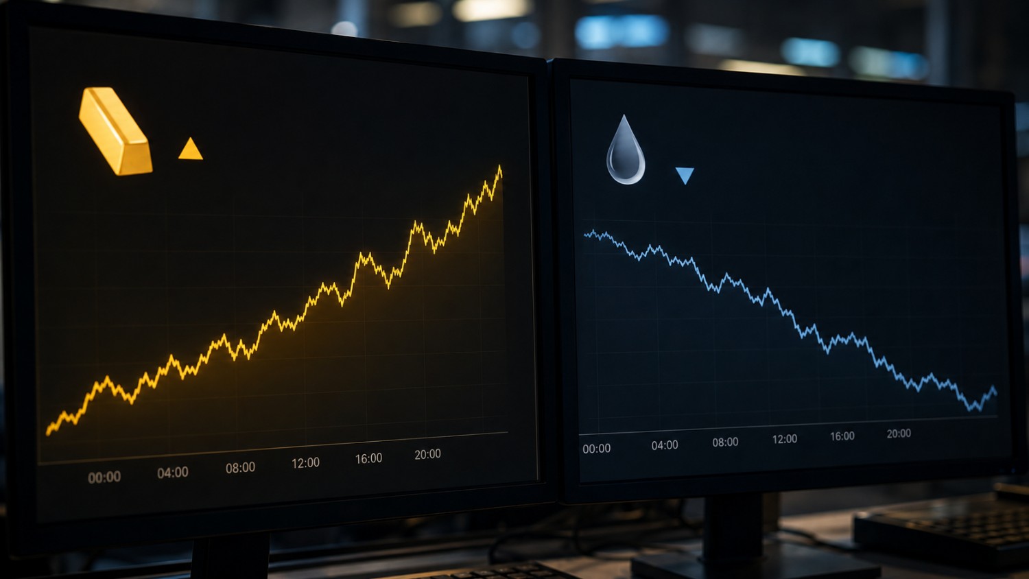 Gold silver price today Iran sanctions: two trading monitors show gold prices trending upward and oil prices trending downward on the same day.