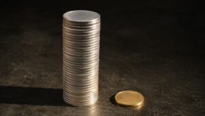 Gold-silver ratio visualized: a tall stack of silver coins beside a single gold coin on a dark surface, illustrating today's ratio of 67.5 to 1