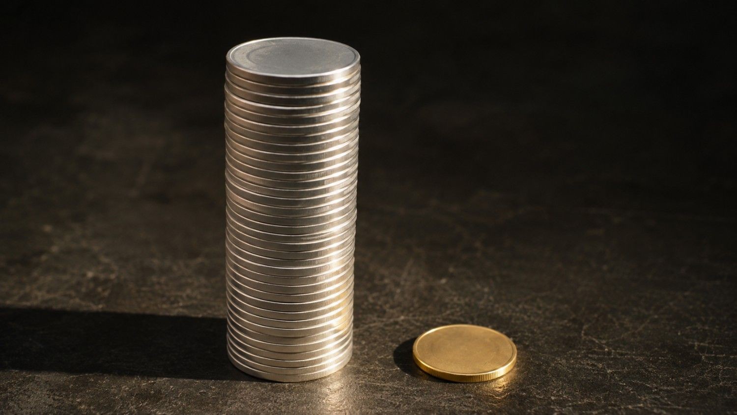 Gold-silver ratio visualized: a tall stack of silver coins beside a single gold coin on a dark surface, illustrating today's ratio of 67.5 to 1