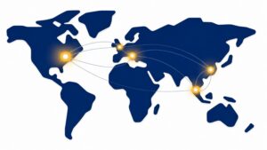 World map with glowing nodes connecting major hubs, illustrating global gold silver storage demand