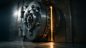 Partially open bank vault door glowing with light, symbolizing the gold silver treasury pullback driven by the Treasury tapping its cash account
