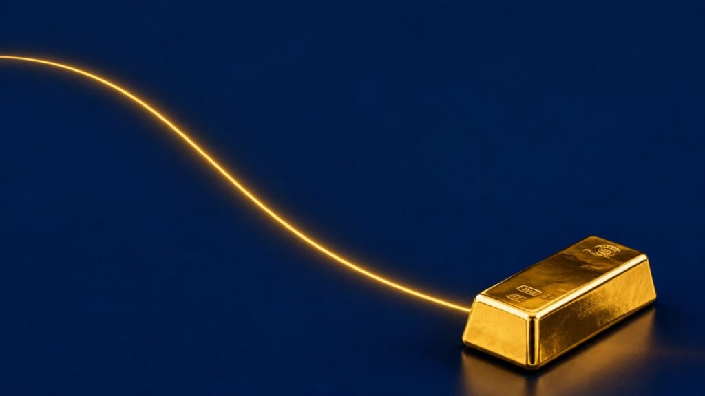 Inverted yield curve gold signal — a glowing gold line curves downward across a navy background toward a physical gold bar, illustrating how yield curve inversion connects to gold price movement.
