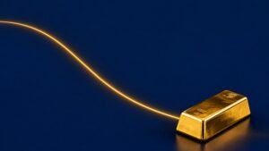 Inverted yield curve gold signal — a glowing gold line curves downward across a navy background toward a physical gold bar, illustrating how yield curve inversion connects to gold price movement.