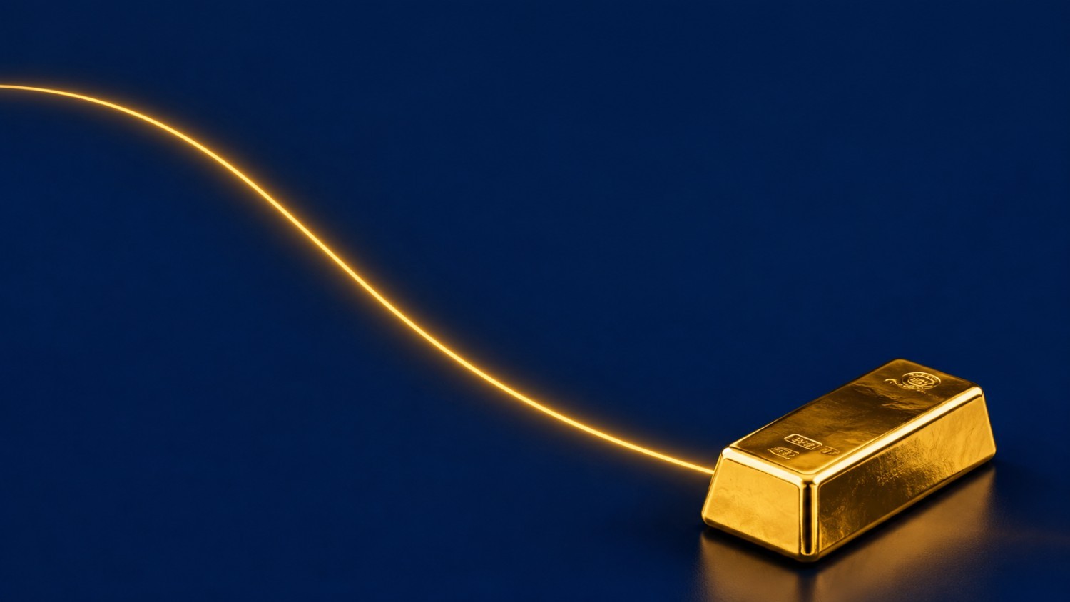 Inverted yield curve gold signal — a glowing gold line curves downward across a navy background toward a physical gold bar, illustrating how yield curve inversion connects to gold price movement.
