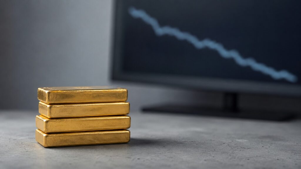 Stacked gold bars on a table with a declining stock chart displayed on a screen in the background