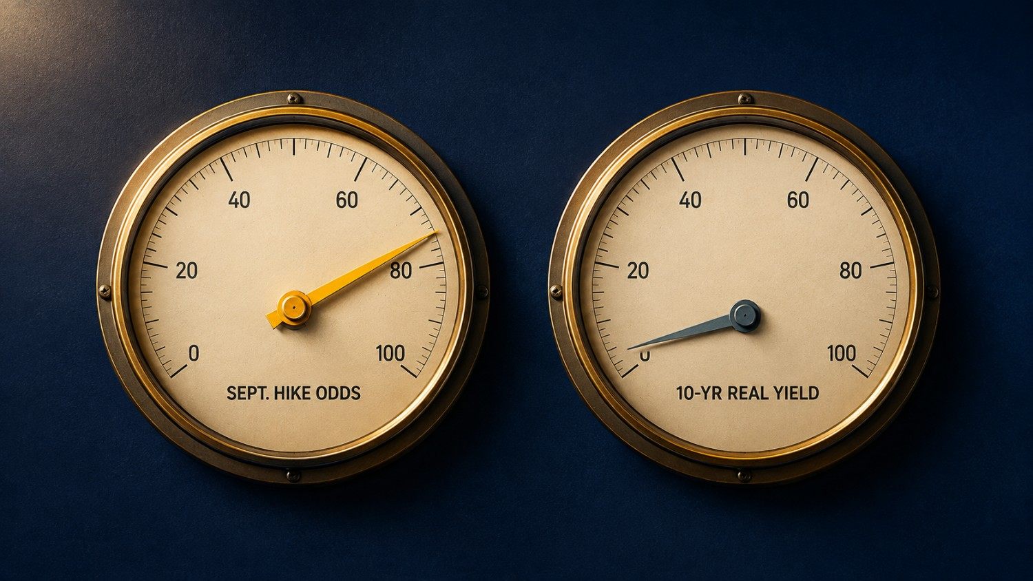Two vintage gauge dials illustrating the jobs report and gold price story — September Fed hike odds needle swung high while the 10-year real yield needle barely moved.