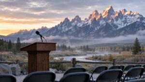 Empty podium and microphone facing the Teton mountains at dawn, symbolizing the anticipation ahead of Kevin Warsh's Jackson Hole speech and its history of moving gold prices