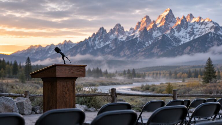 Empty podium and microphone facing the Teton mountains at dawn, symbolizing the anticipation ahead of Kevin Warsh's Jackson Hole speech and its history of moving gold prices