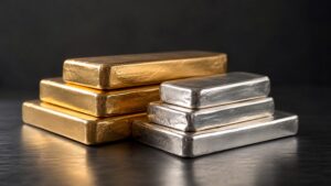 Stacked gold and silver bullion bars, representing today's gold price move as Kevin Warsh delivers his Jackson Hole speech