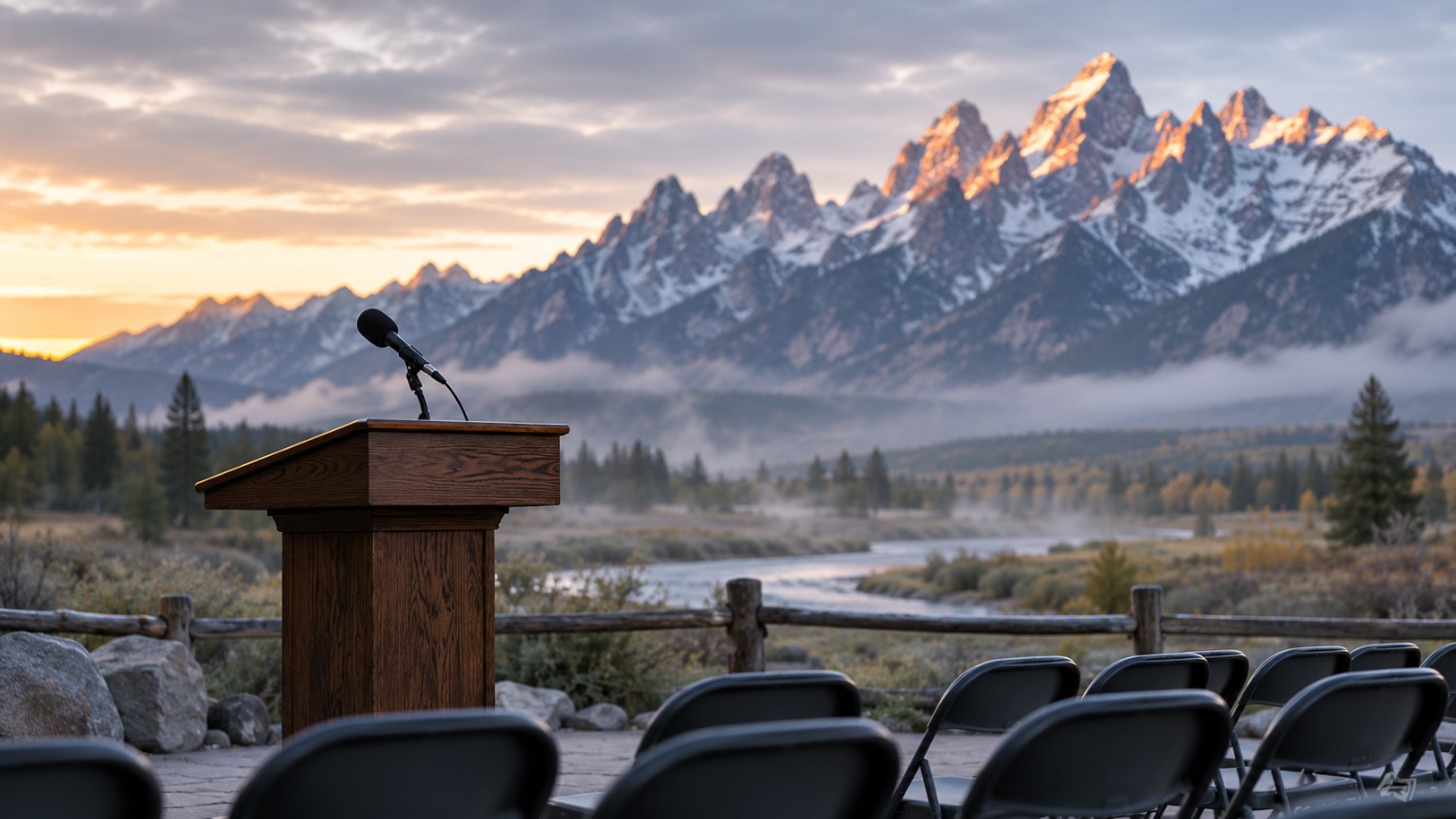 Empty podium and microphone facing the Teton mountains at dawn, symbolizing the anticipation ahead of Kevin Warsh's Jackson Hole speech and its history of moving gold prices