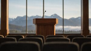"Empty wooden podium with microphone facing rows of conference chairs, mountain range visible through tall windows — a Fed chair's Jackson Hole speech, quiet before Kevin Warsh's Jackson Hole speech moved gold and silver markets