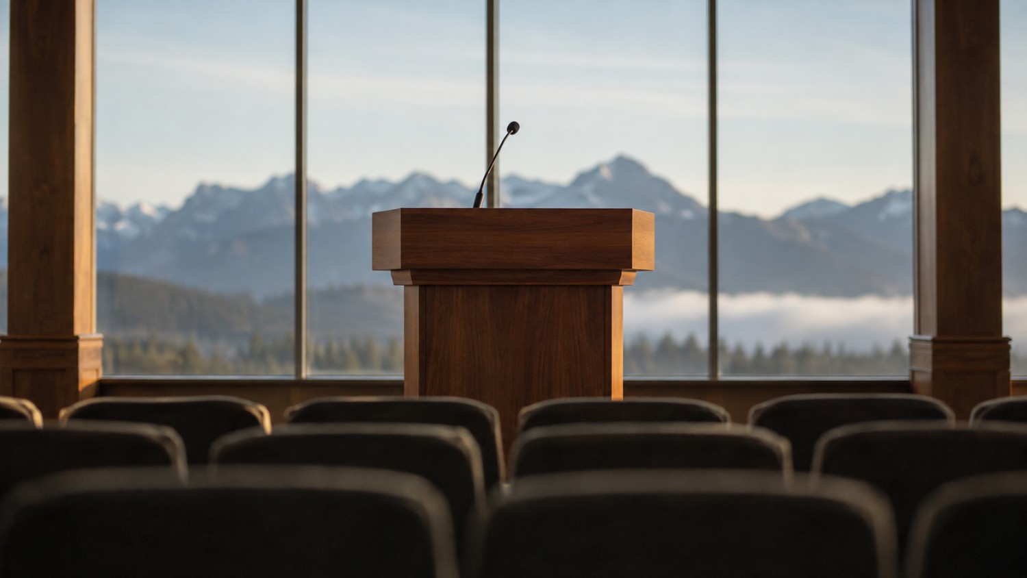 "Empty wooden podium with microphone facing rows of conference chairs, mountain range visible through tall windows — a Fed chair's Jackson Hole speech, quiet before Kevin Warsh's Jackson Hole speech moved gold and silver markets
