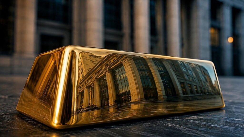 Gold bar reflecting a bank building facade, illustrating the london fix unallocated gold relationship between institutional finance and precious metals ownership