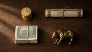 Four-quadrant flat lay of gold coins, a bond certificate, cash, and a bronze bull statue on a wooden desk, representing the permanent portfolio gold allocation strategy's four equal asset classes