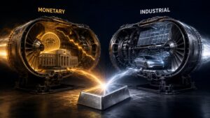 Two industrial turbine engines in cutaway view illustrating why silver outperforms gold — the left engine powered by monetary forces including the Federal Reserve and rate policy, the right engine powered by industrial demand including solar panels and electric vehicles, with a silver bar at the center where both energy streams converge.