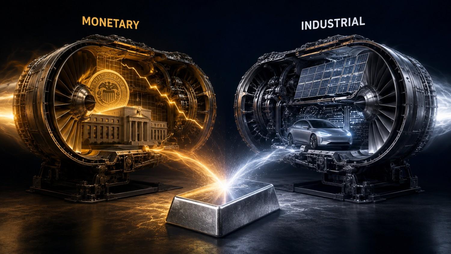 Two industrial turbine engines in cutaway view illustrating why silver outperforms gold — the left engine powered by monetary forces including the Federal Reserve and rate policy, the right engine powered by industrial demand including solar panels and electric vehicles, with a silver bar at the center where both energy streams converge.