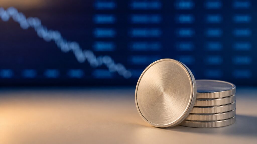 Silver price outlook August 2026: stacked physical silver rounds in sharp focus before a blurred navy trading screen showing a falling trend line