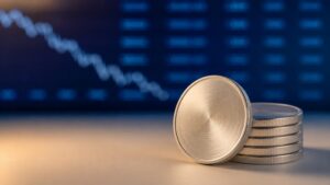 Silver price outlook August 2026: stacked physical silver rounds in sharp focus before a blurred navy trading screen showing a falling trend line