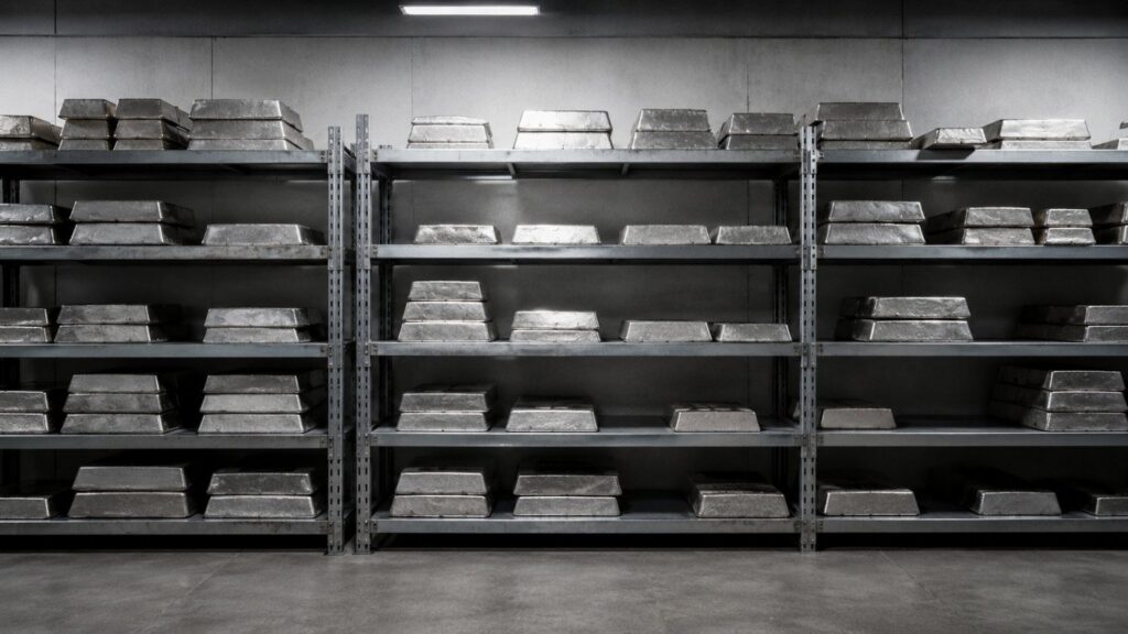 Unevenly stacked silver bullion bars on steel vault shelving, showing the drawn-down stocks behind the silver shortage