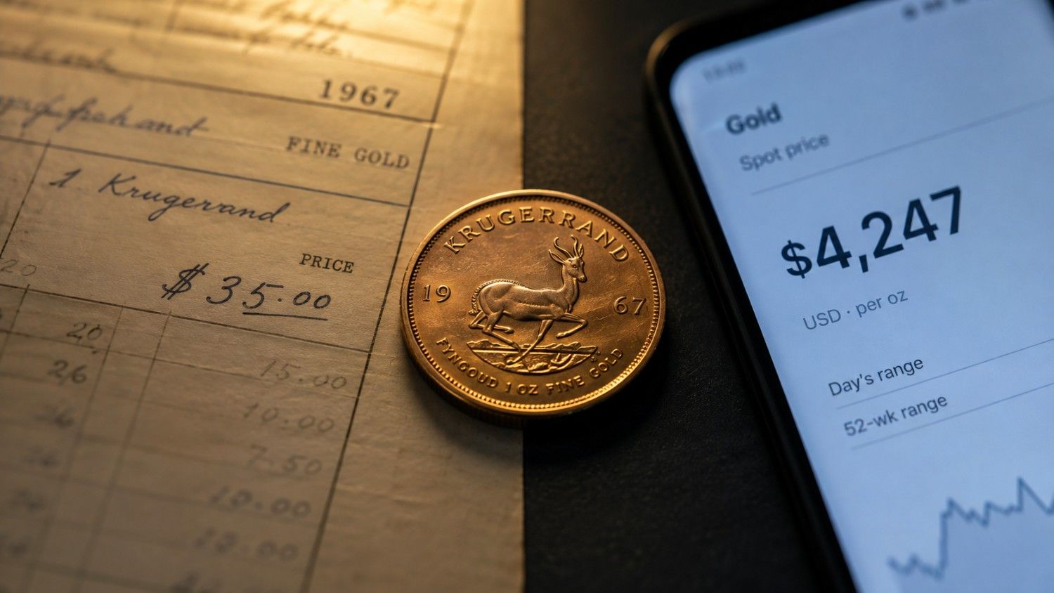 South African Krugerrand gold coin resting between a 1967 handwritten ledger showing a purchase price of $35.00 and a modern smartphone displaying a gold spot price of $4,247 per oz