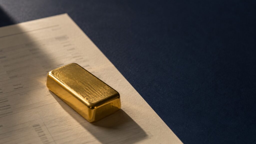 Treasury yields and gold: a single gold bar rests in a shaft of light on a printed financial document, contrasting a paper promise to pay with the metal itself.