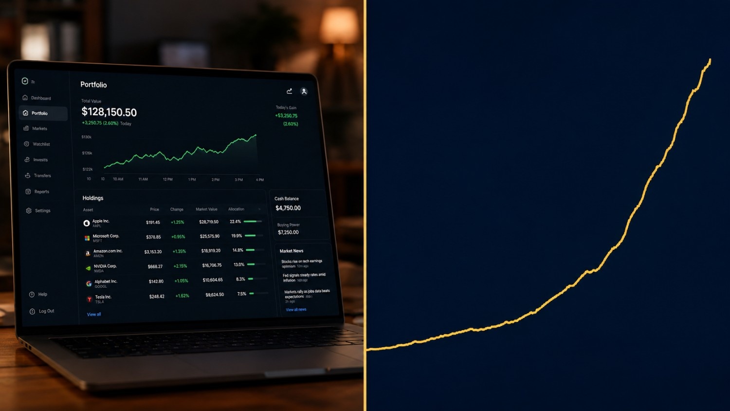 What is M2 money supply: a stock portfolio dashboard on the left showing nominal dollar gains, beside a steep golden M2 money supply growth curve on the right — illustrating why the money supply tells a different story than your portfolio balance.