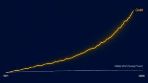 What is the CPI: chart showing gold price vs dollar purchasing power from 1971 to 2026, with gold rising dramatically while the dollar's purchasing power remains nearly flat