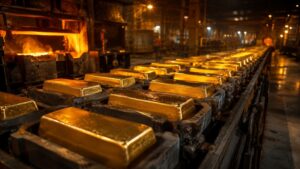 Rows of freshly cast gold bars cooling in steel molds on a refinery production line, warm furnace glow in the background — why is China buying gold at record pace in 2026