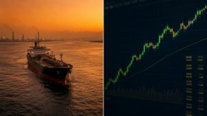 Why is gold rising today: a cargo tanker navigating the Strait of Hormuz at dusk alongside a rising gold price candlestick chart