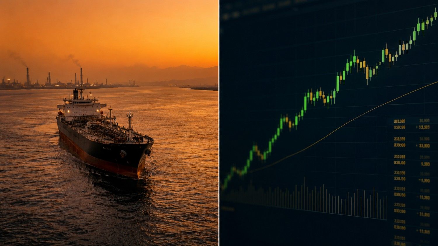 Why is gold rising today: a cargo tanker navigating the Strait of Hormuz at dusk alongside a rising gold price candlestick chart