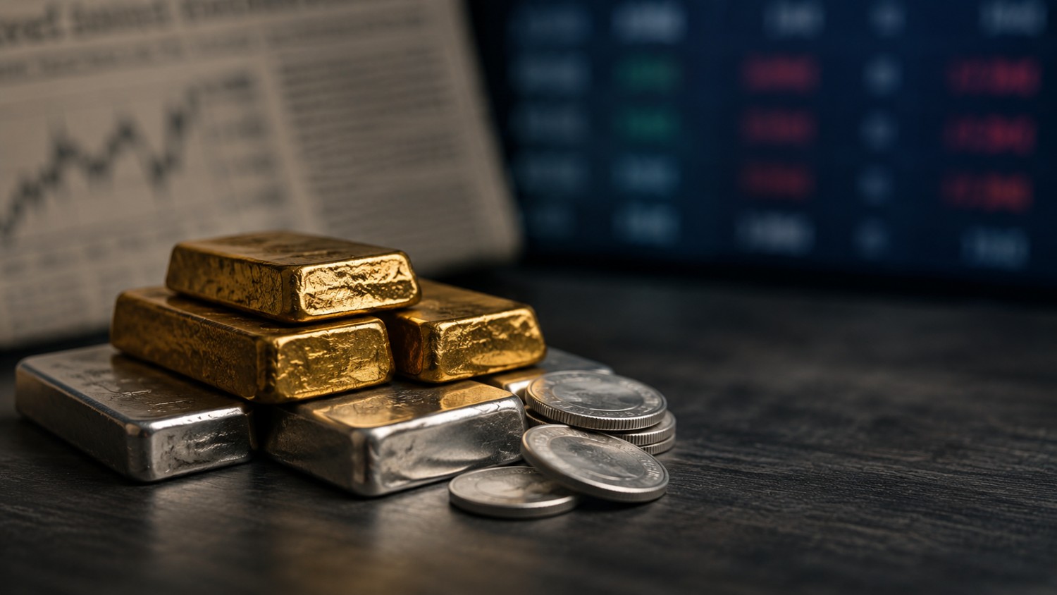 Why is gold rising — gold and silver bars with coins beside financial market charts