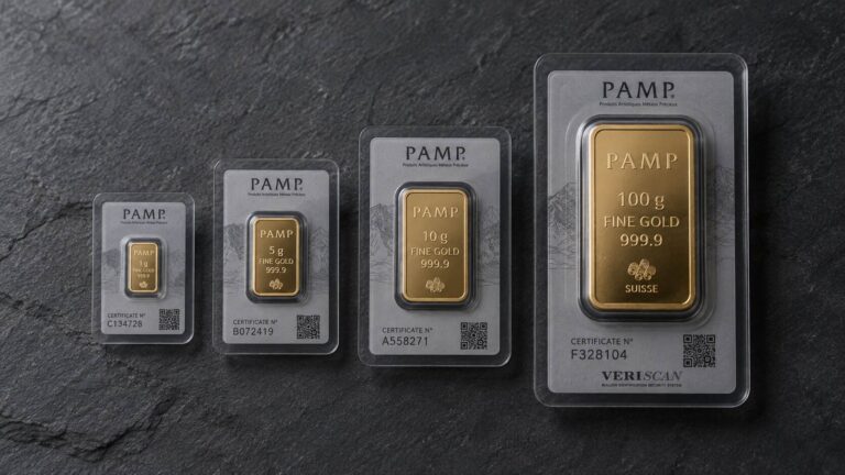 Four gold bars in increasing sizes — 1 gram, 5 gram, 10 gram, and 100 gram — showing how gold bar premiums shrink as size increases