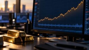 Gold bullion bars next to a trading screen showing the 10-year Treasury yield and gold price trend