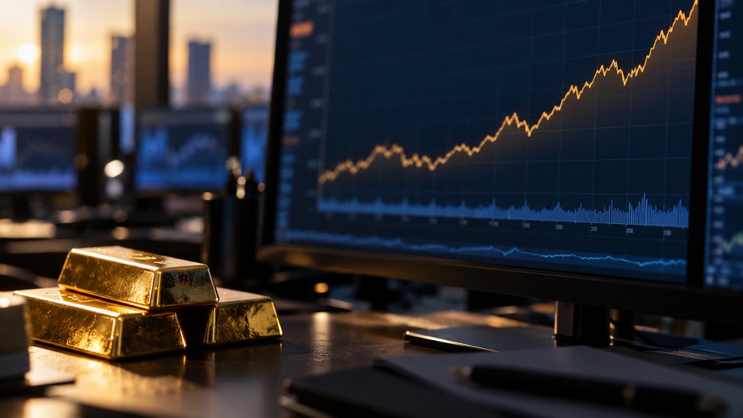 Gold bullion bars next to a trading screen showing the 10-year Treasury yield and gold price trend