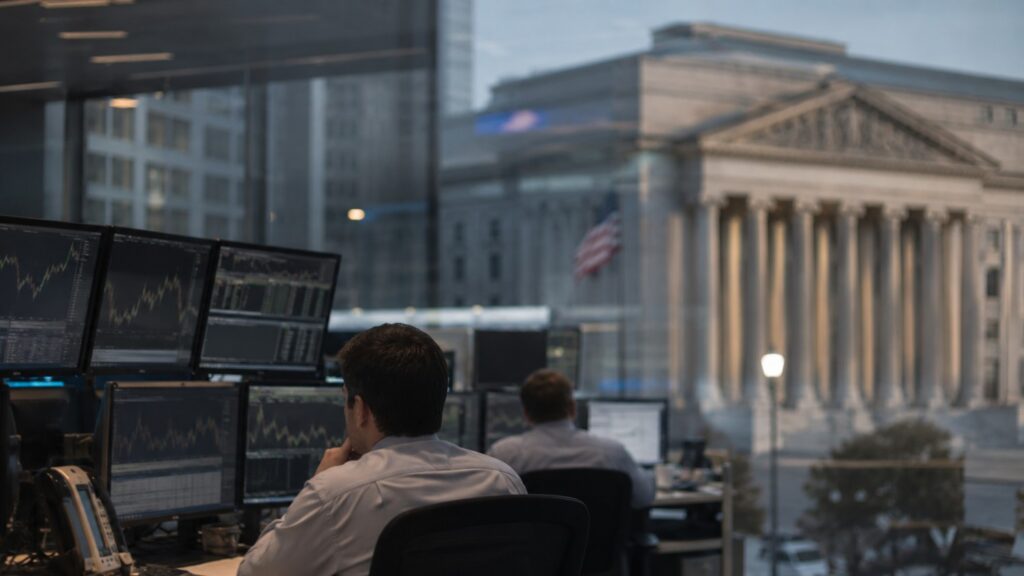 Traders monitor markets on a bond desk with a view of the U.S. Treasury building, reflecting the tension behind the 30 year treasury yield gold story.