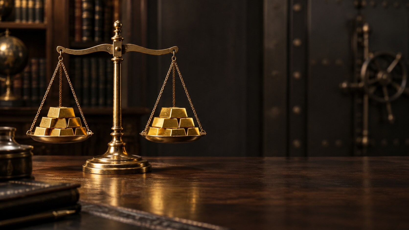 A balance scale holding gold bars in perfect equilibrium, illustrating gold's price stability despite the Fed's first 2026 rate hike.