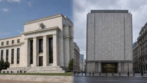 The Federal Reserve and Bank of England buildings side by side, symbolizing the Fed rate hike and Bank of England hold decision in September 2026.