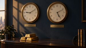 Two clocks labeled Tokyo and Washington, D.C. above stacked gold bars, symbolizing this week's Bank of Japan rate hike decision alongside the Fed's