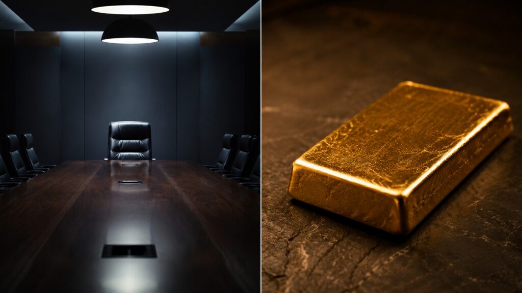Split image contrasting an empty boardroom chair with a solid gold bar, illustrating the Barrick IPO delay and the governance risk that comes with owning mining equity instead of physical gold.
