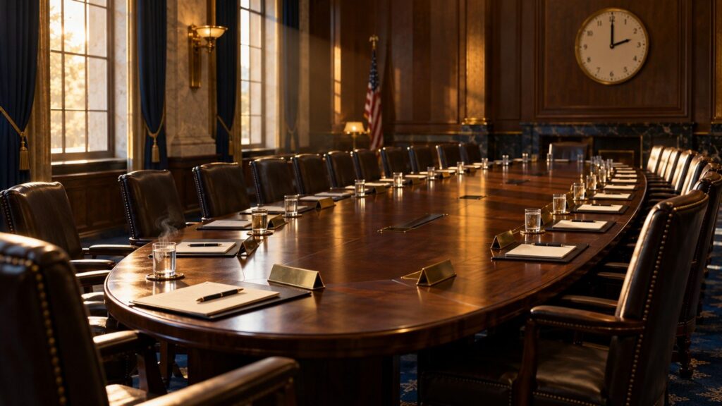 Empty oval boardroom with leather chairs, brass name placards, and a wall clock reading 2:00, evoking the room where the Federal Reserve's FOMC sets interest rate policy