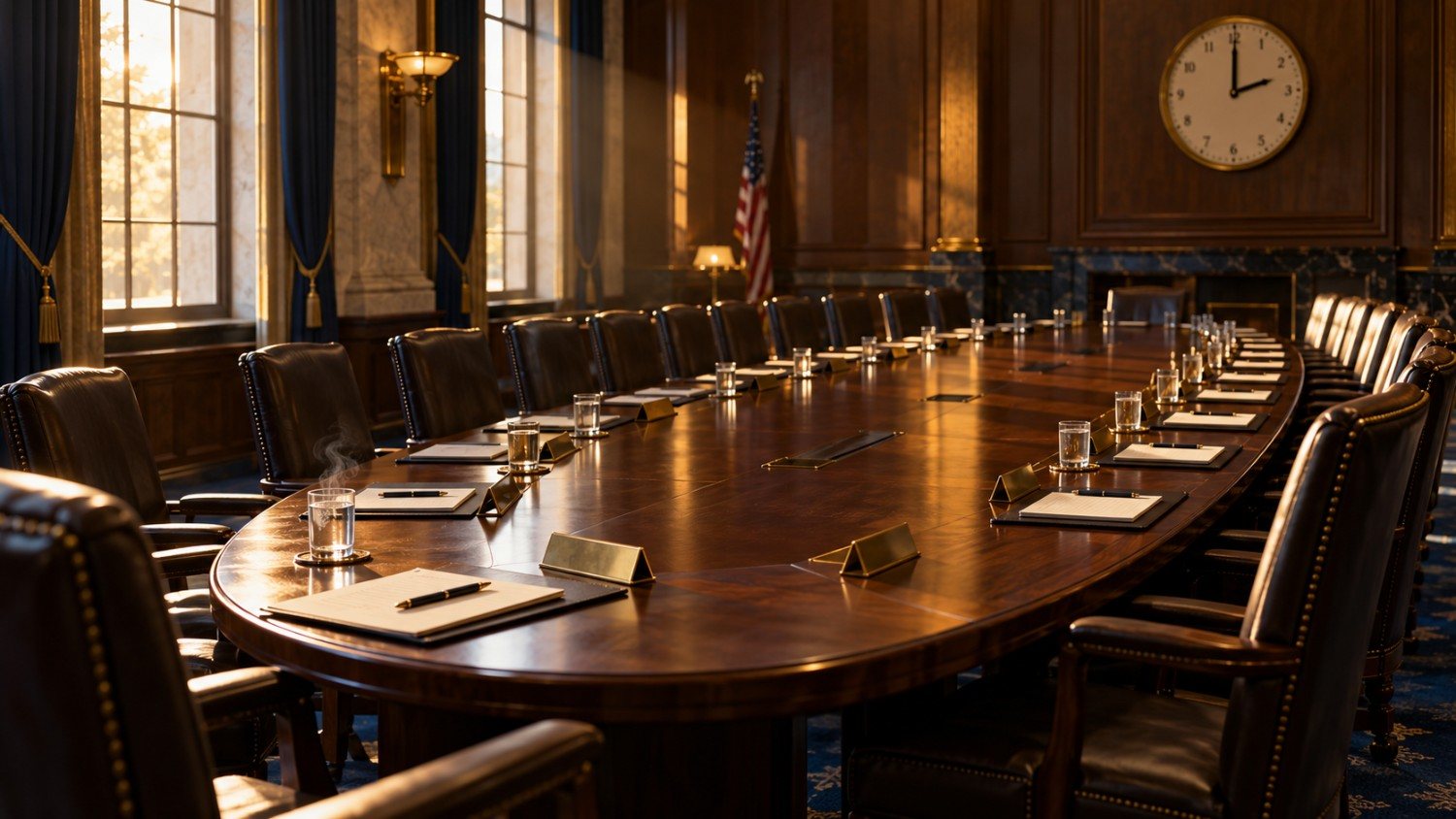 Empty oval boardroom with leather chairs, brass name placards, and a wall clock reading 2:00, evoking the room where the Federal Reserve's FOMC sets interest rate policy