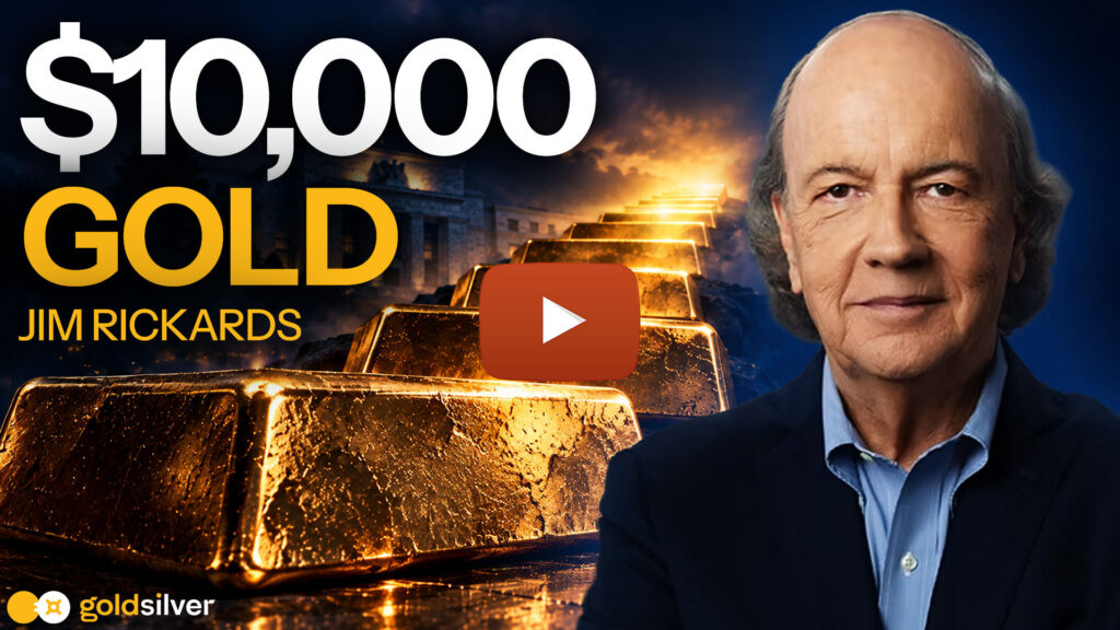 Jim Rickards video thumbnail with stacked gold bars leading to the Federal Reserve building, titled "$10,000 Gold"