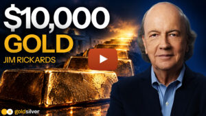 Jim Rickards video thumbnail with stacked gold bars leading to the Federal Reserve building, titled "$10,000 Gold"