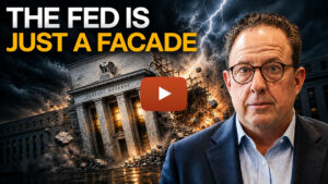 Christopher Whalen beside a storm-lit, crumbling Federal Reserve building, captioned The Fed Is Just A Facade, from the interview on why bank loss rates are so low