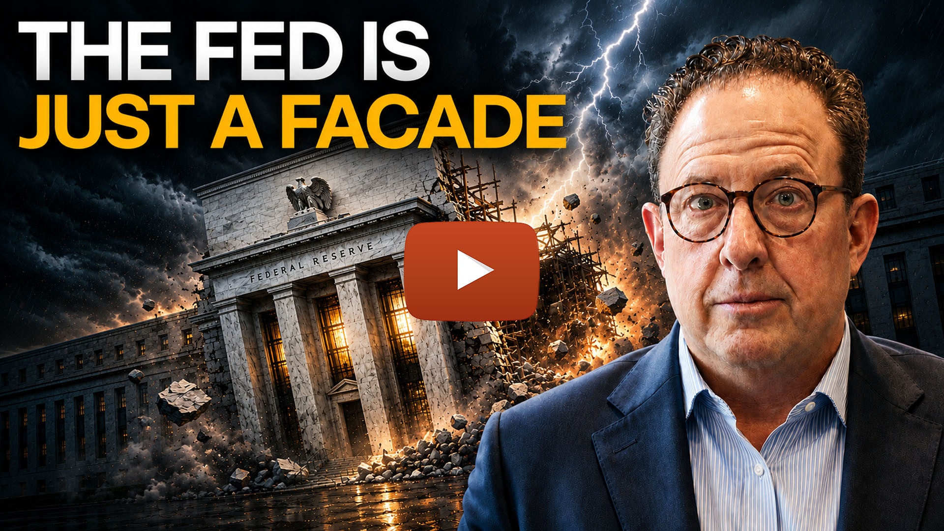 Christopher Whalen beside a storm-lit, crumbling Federal Reserve building, captioned The Fed Is Just A Facade, from the interview on why bank loss rates are so low